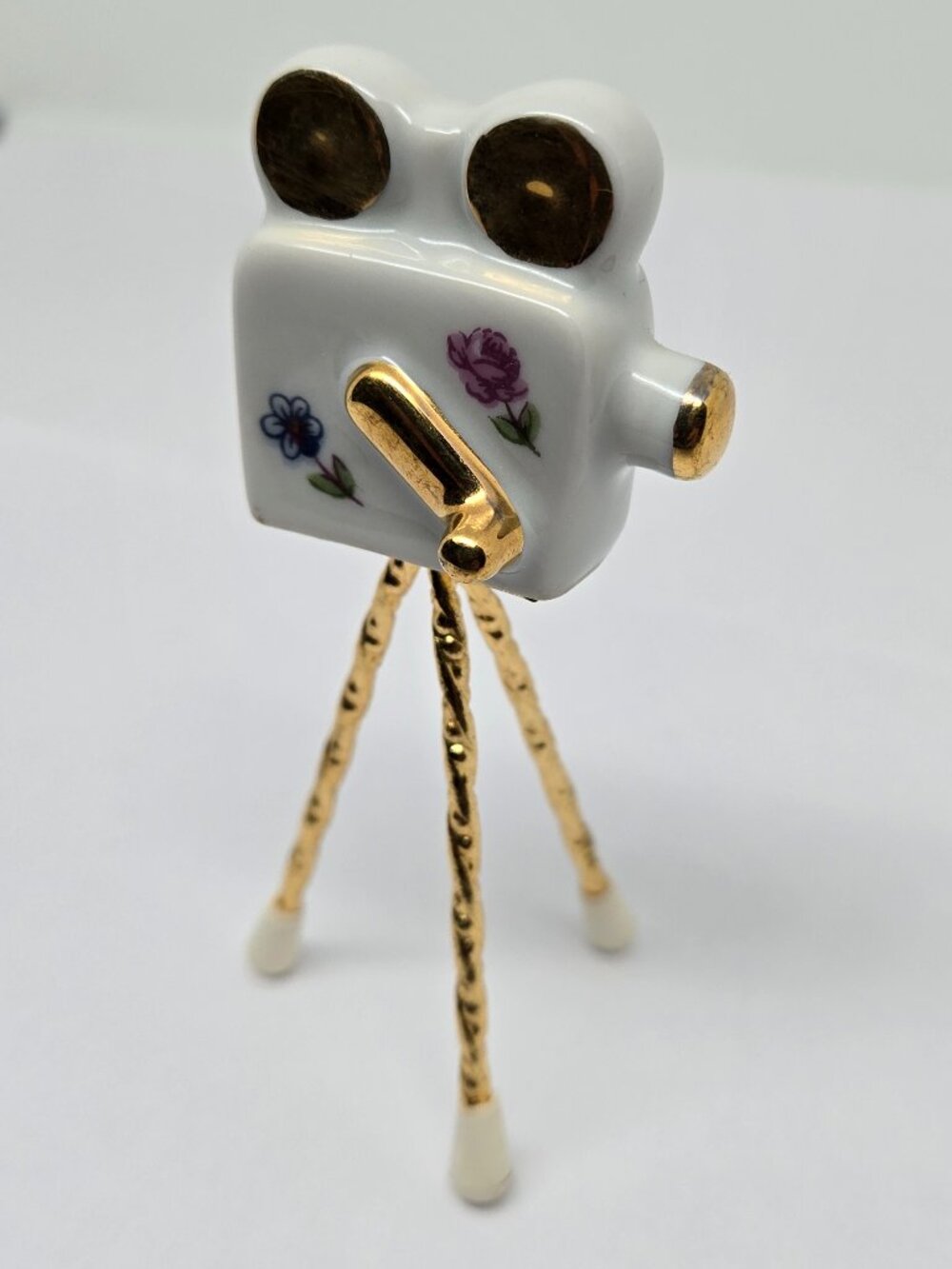 Limoges France Mini Porcelain Movie Camera on Tripod, Victorian Scene, Flowers